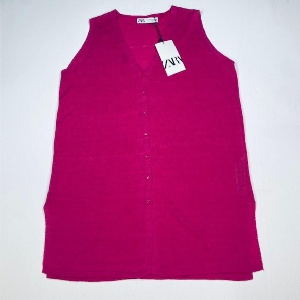 Zara Womens Linen Blend Longline Button Front Vest Fuchsia Pink M 2142/114/630